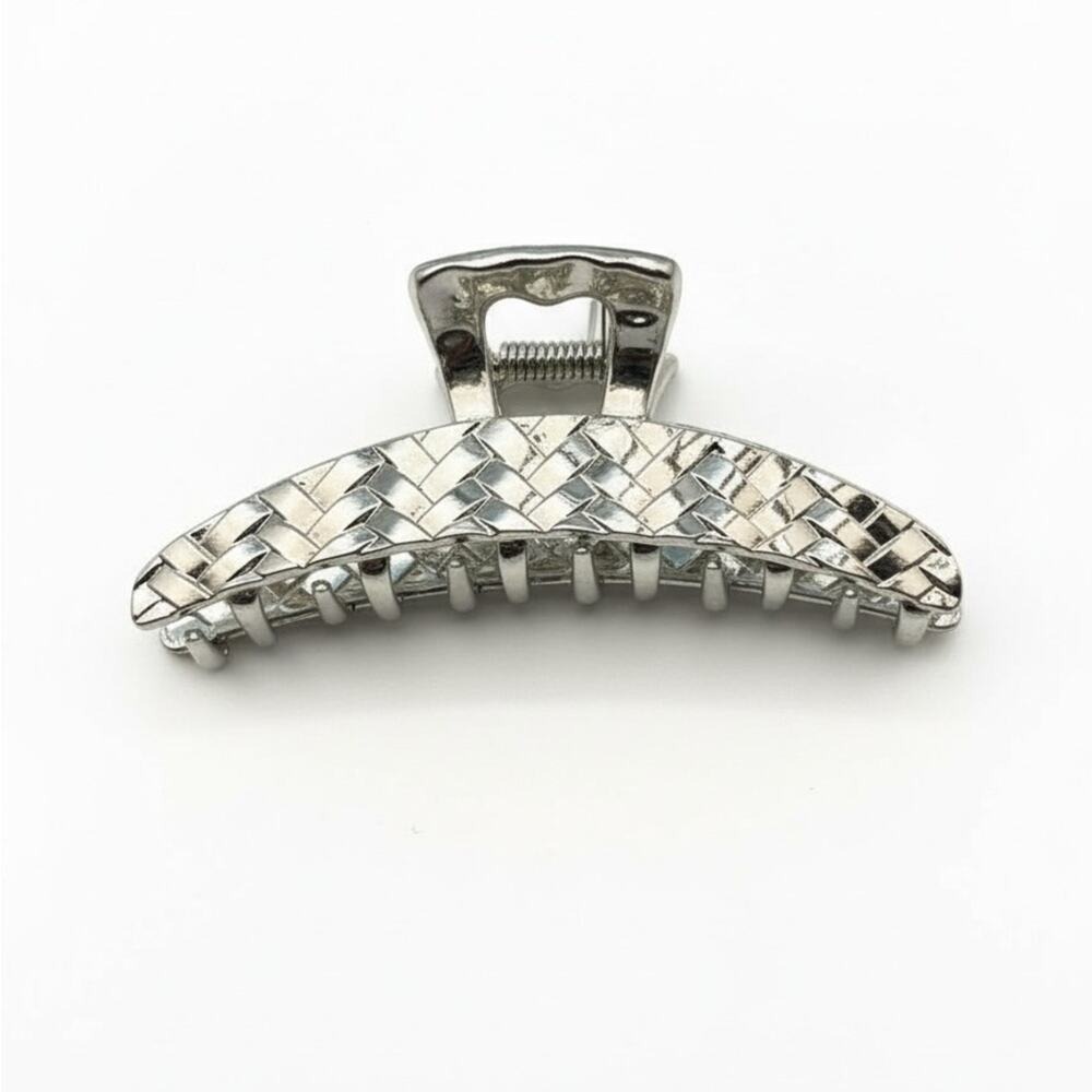 Silver Woven Texture Hair Claw Clip Metallic Basketweave Large Hair Accessory